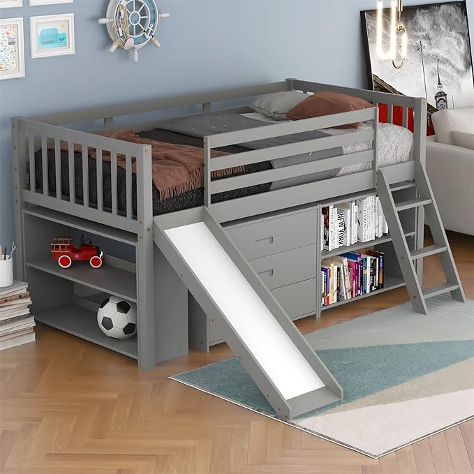 Bellemave Store Storage Low Loft Bed Frame