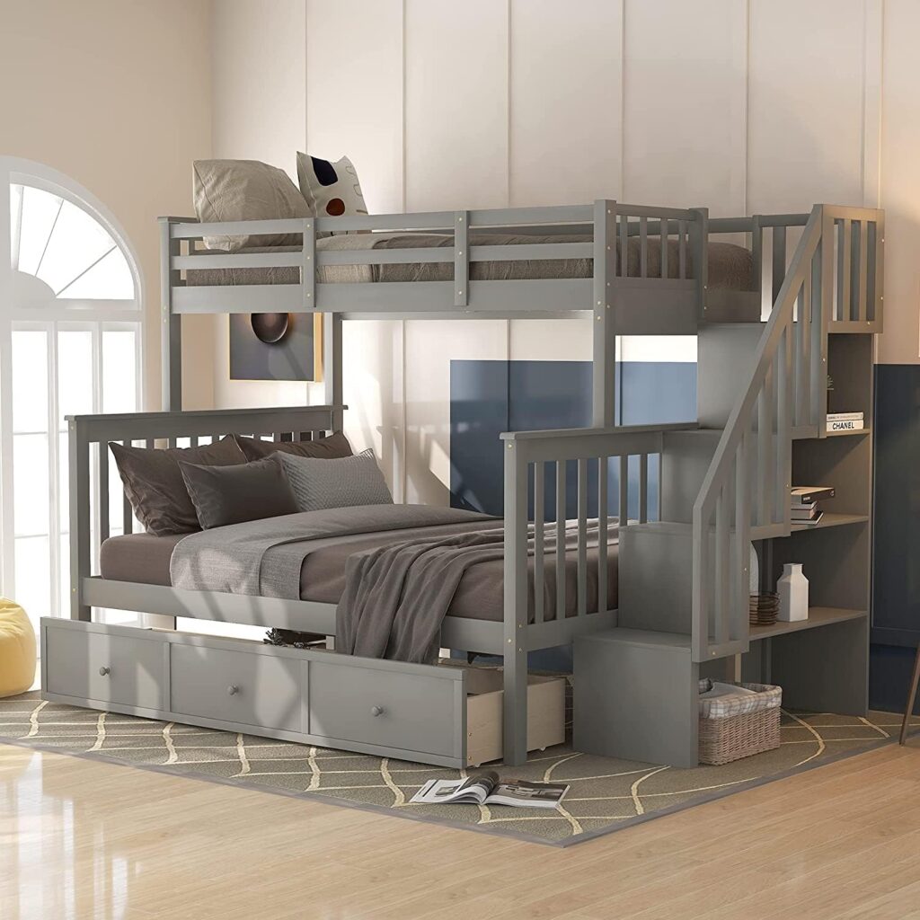 Gray Twin Over Full Bunk Bed with Storage Drawer