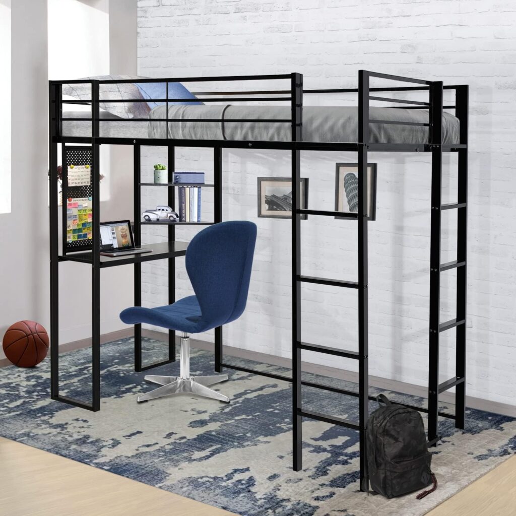 Industrial Style Twin Size Loft Bed with Desk