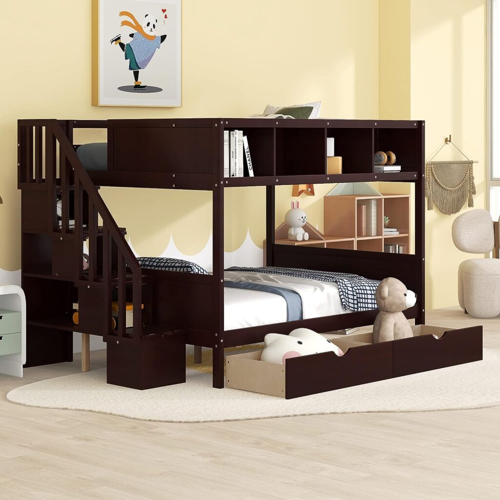 Wooden Over Full Bunk Bed with Showcase Cabinets