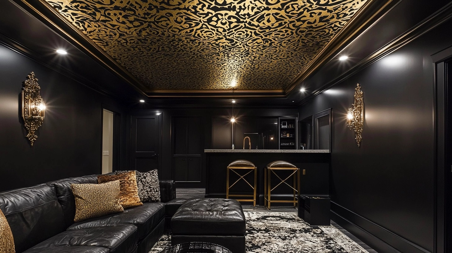 Stenciled_Black_Ceiling_with_Metallic_Accents
