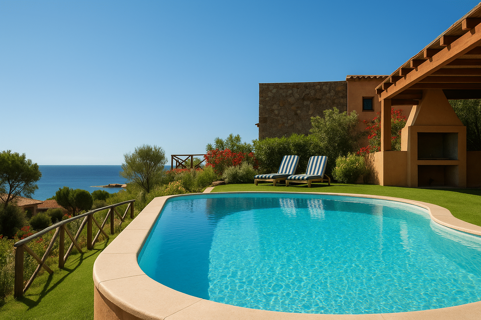 A pool with chairs in the back