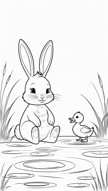 Bunny and Duck by the Pond
