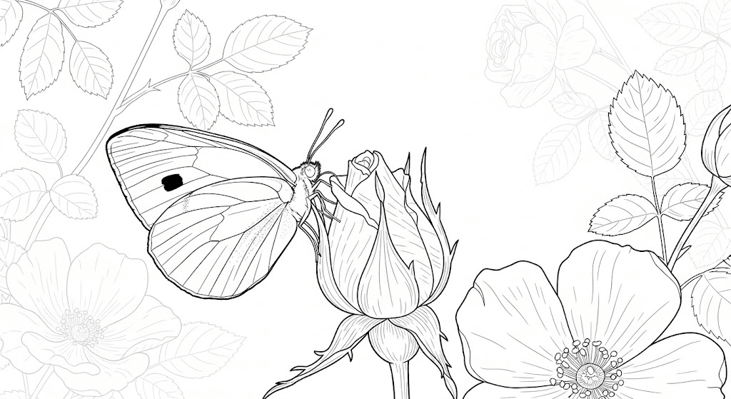 Cabbage_White_Butterfly_Resting_on_a_Blooming_Rosebud