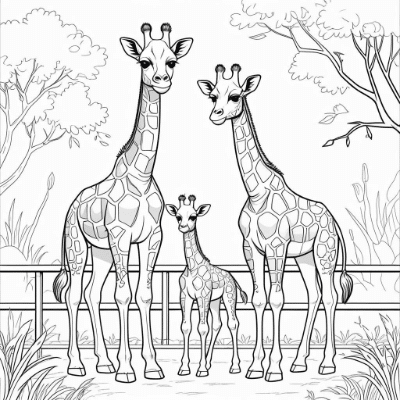 Giraffe Family in Zoo Habitat