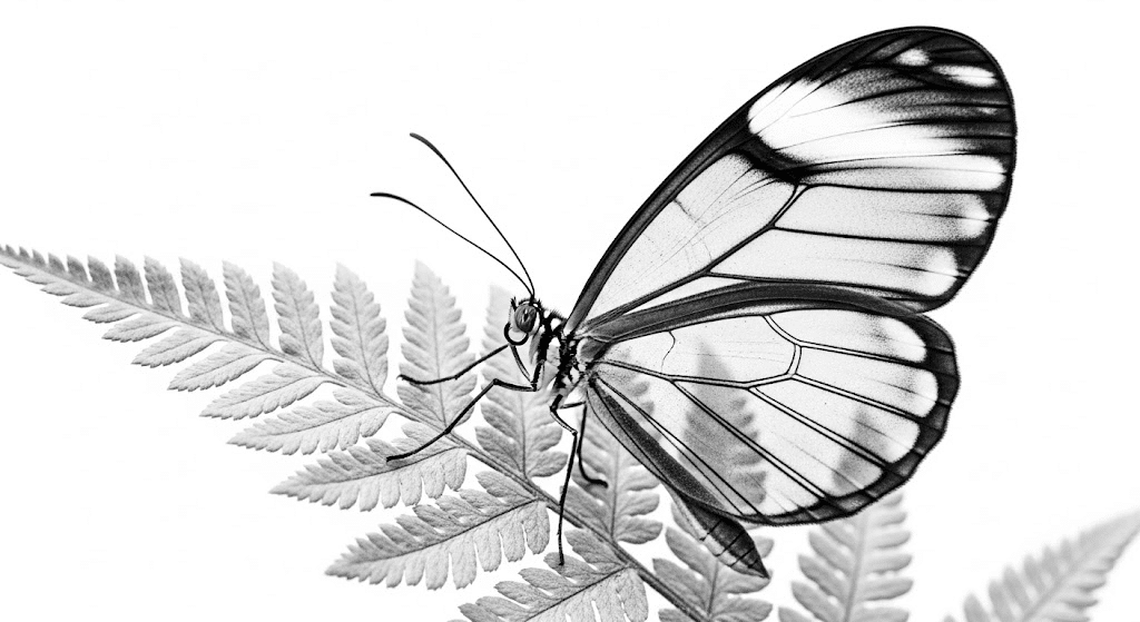 Glasswing_Butterfly_Perched_on_Ferns