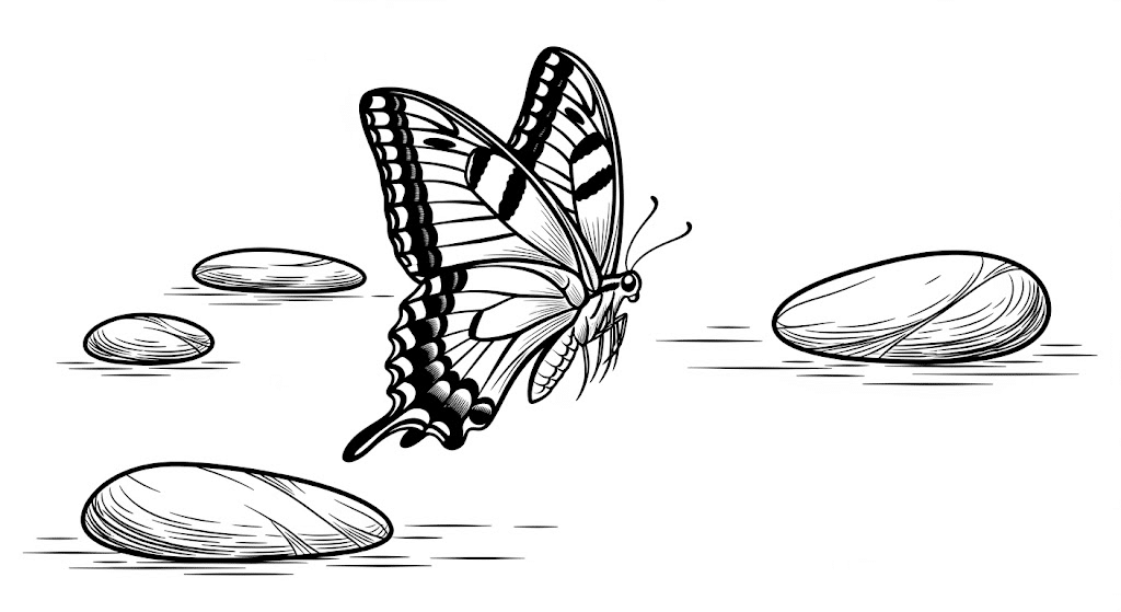 Swallowtail_Butterfly_with_Curved_Wing_Lines_Above_River_Rocks
