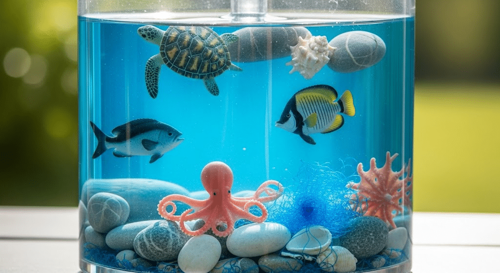 Ocean Bin with Blue Water and Sea Creatures